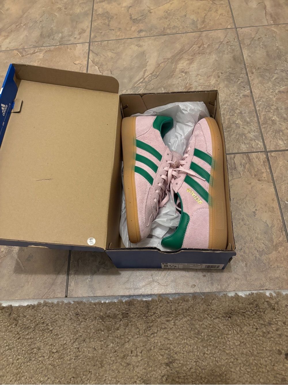 adidas Pink Suede Sneakers with Green Stripes and Gum Sole